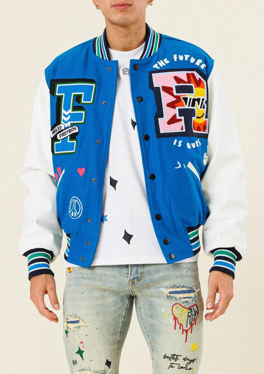 FIRST ROW DENIM THE FUTURE IS OURS VARSITY JACKET (TEAL BLUE)